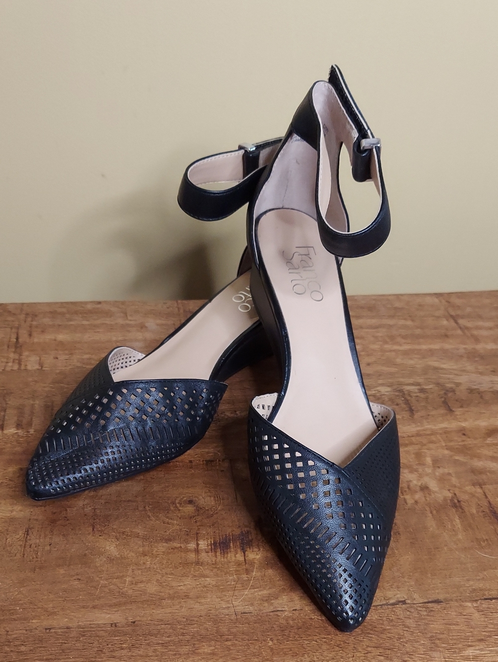Franco Sarto Black Perforated Pointed Toe Ankle Strap Wedges - 7